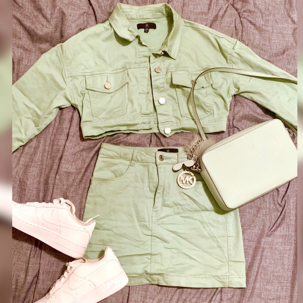 Petite sage green superstretch denim set
